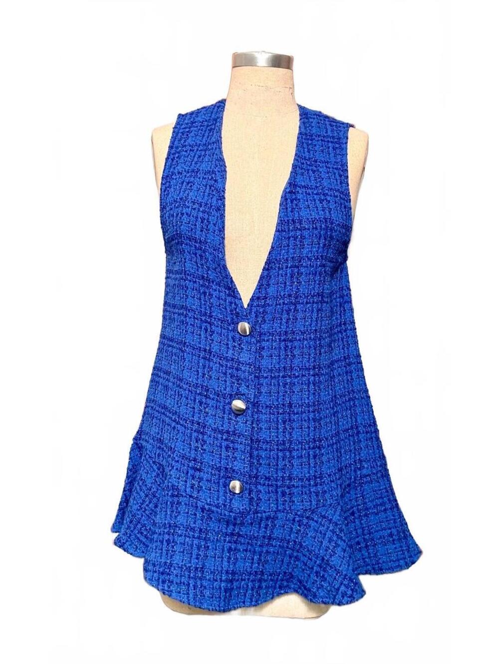 Zara Cobalt Blue Bouclé Tweed Ruffle Mini Dress Size M